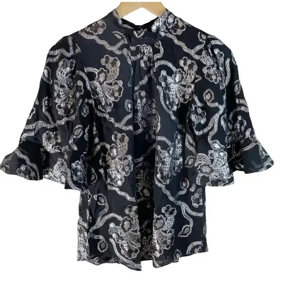 NWT Rebecca Taylor Women's Flutter Sleeve Silk Blend Metallic Top Black Size 0